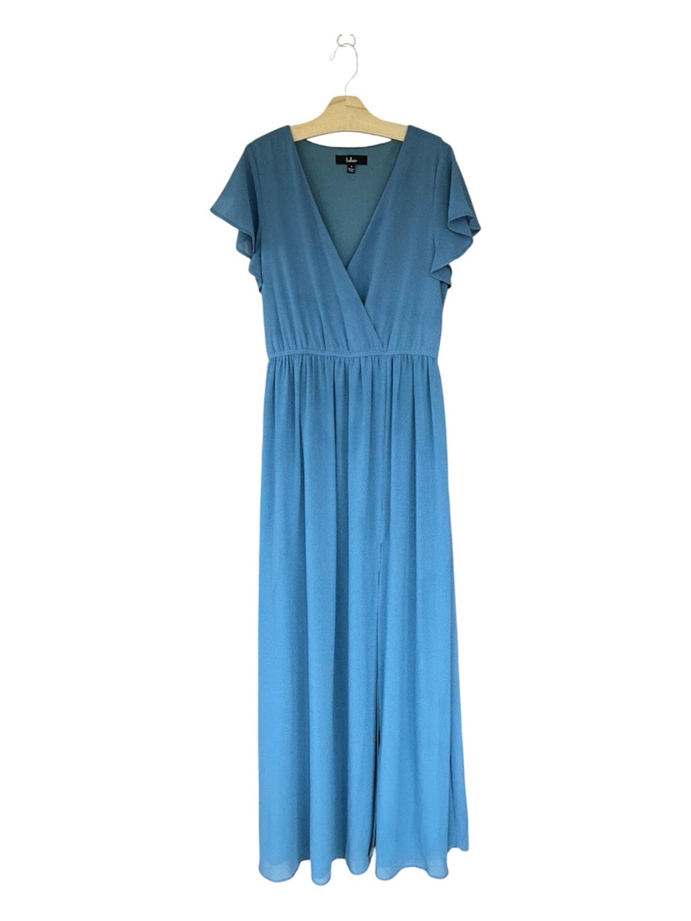 Lulus Lost in the Moment Slate Blue Maxi Dress Flutter Sleeve Front Slit Size S - Picture 2 of 12